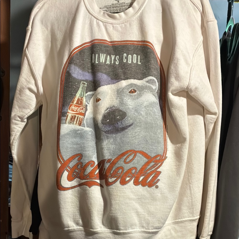 Coca Cola Cream Crewneck Sweater with Retro Polar Bear Graphic